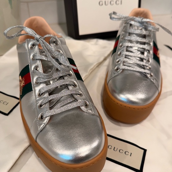 Gucci Ace Leather Trainers Silver - Picture 1 of 10